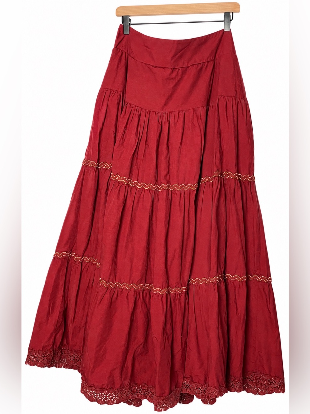 Anthropologie Tiered Lace Maxi Skirt XL Burgundy Maroon Boho Gold Stitching